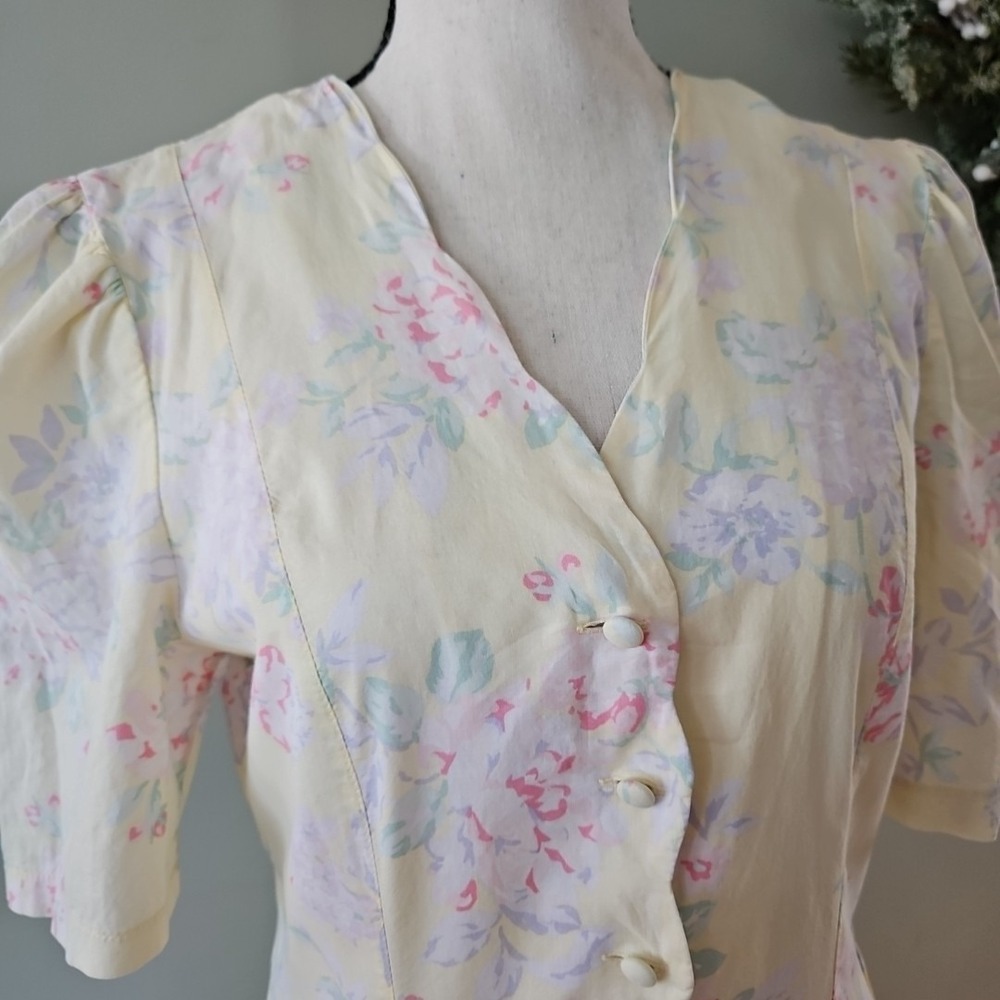 Vintage Style Yellow Floral Puff Sleeve Midi Dress Pastel Tea Party Cottagecore - Picture 2 of 8